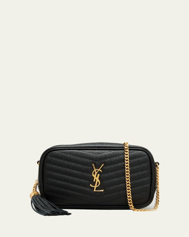 Lou Mini Camera Bag in Grained Quilted Leather with Tassel and Gold Hardware